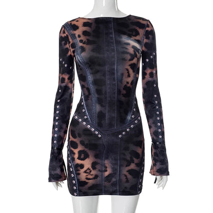 CUTENOVA 2024 Autumn And Winter New Women'S Fashion Leopard Print Slim Flared Long-Sleeved Package Hip Short Skirt Dresses Y2K