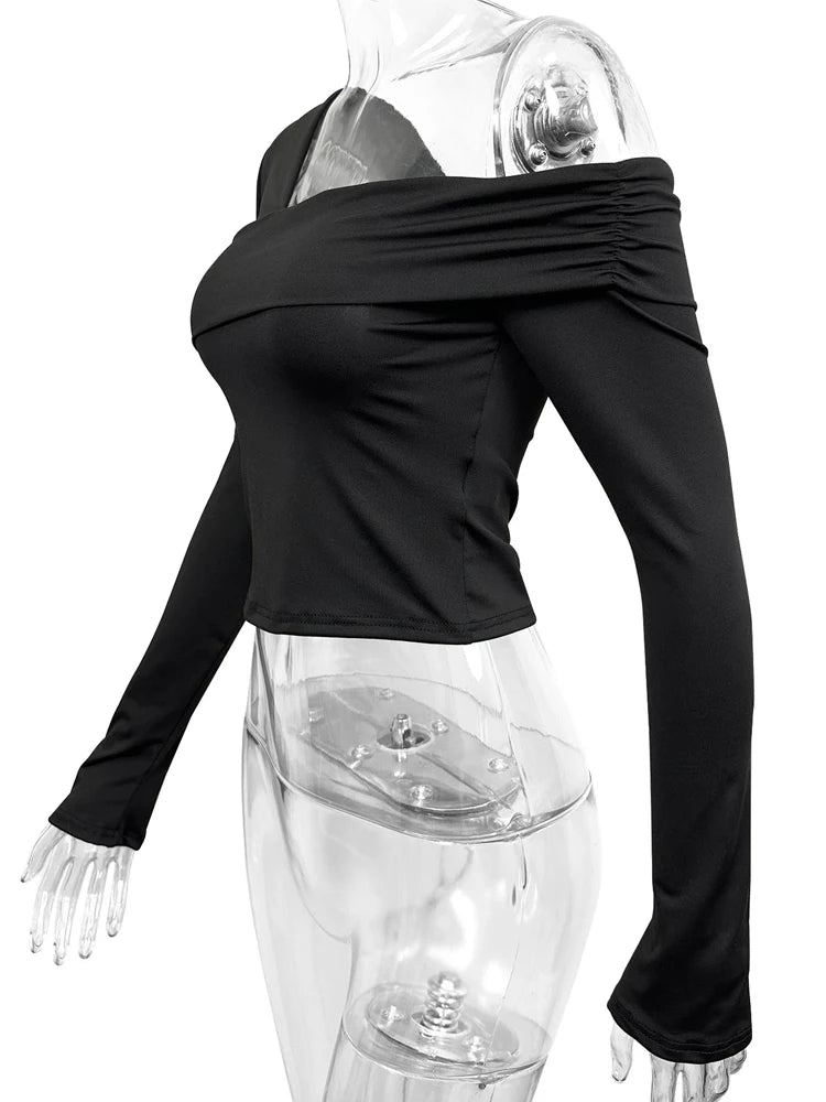 Fairyshely 2025 Spring Casual Black T-shirt Women Off Shoulder Long Sleeve Bodycon Crop Top Autumn Lady Clud Party Short Tops