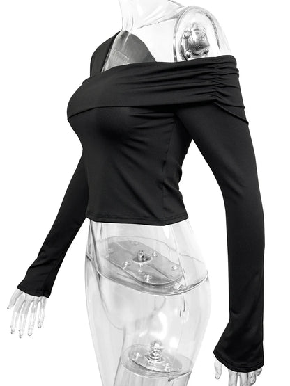Fairyshely 2025 Spring Casual Black T-shirt Women Off Shoulder Long Sleeve Bodycon Crop Top Autumn Lady Clud Party Short Tops