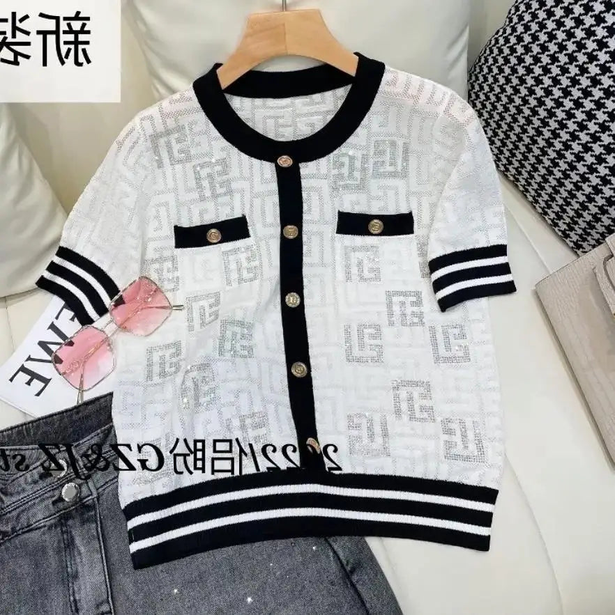 Ice Silk Knitted Sweater Cardigan Women's 2025 Summer New Short-sleeved Hollow Out Korean Style Office Lady Chic Top