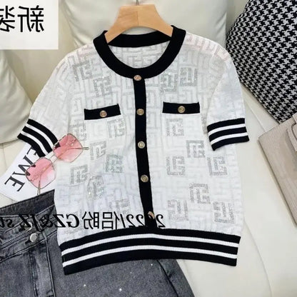 Ice Silk Knitted Sweater Cardigan Women's 2025 Summer New Short-sleeved Hollow Out Korean Style Office Lady Chic Top