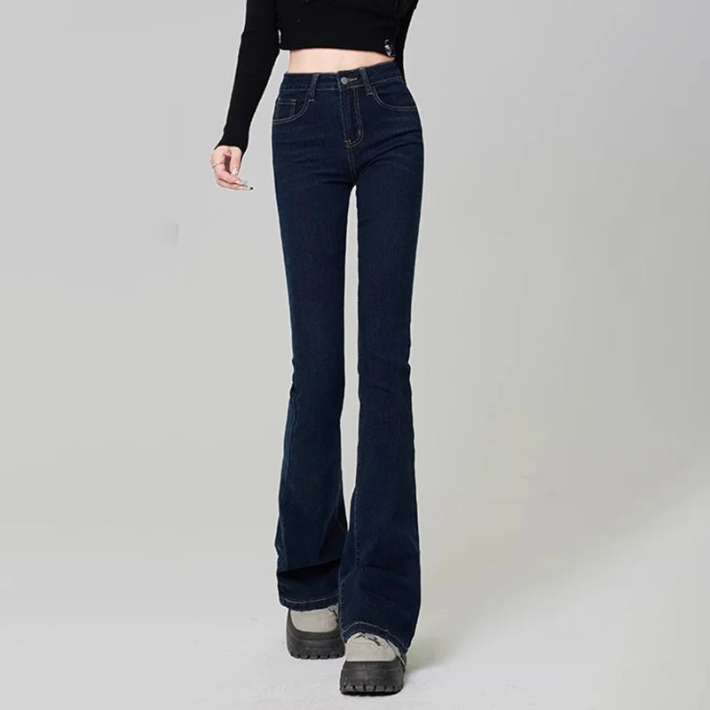 Women Vintage High Street Bell Bottom Jeans Lady Sexy Slim Fit Denim Flare Pants Deep Blue Light Blue Black Blue Gray Trousers