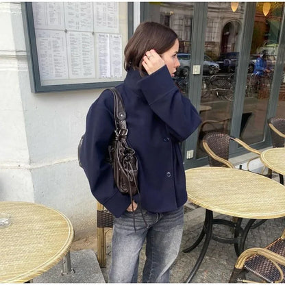 Stand Collar Women Winter Woolen Coats Single Breasted Loose Female Long Sleeve Jacket  Autumn Office Lady Street Short Coat
