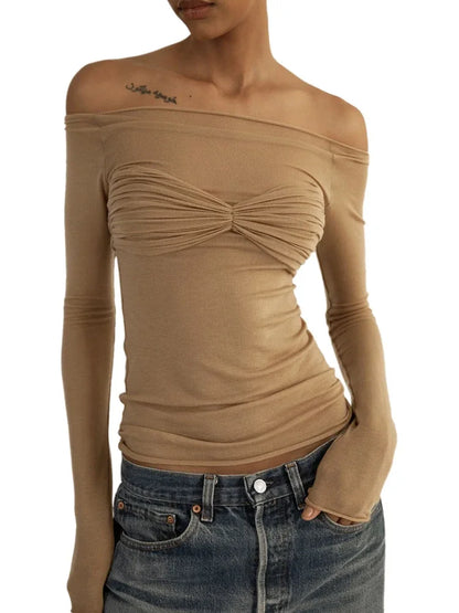 Tossy Mesh Sheer Off-Shoulder Top Shirt For Women New Long Sleeve See-Through Lace Knit Pullover Tops Summer Mesh Top Tee Shirt