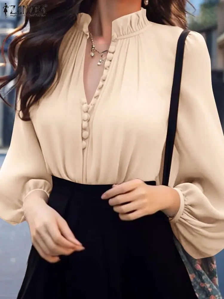ZANZEA Fashion Lantern Long Sleeve Tops Elegant Shirt 2024 Casual Loose V-neck Bottun Simple Vintage Stand Collar Office Blouse