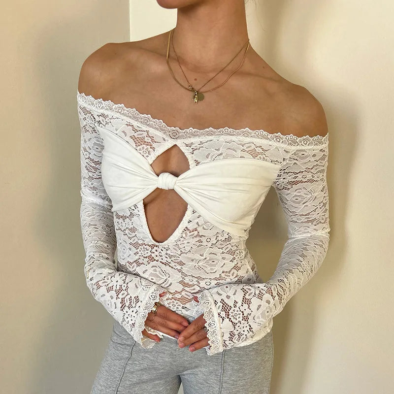 Lace-Trimmed Autumn Women's T-Shirt Off-Shoulder Hollow Out Contrast Panels Crop Top For Female Sexy Cropped Lady's Clothing