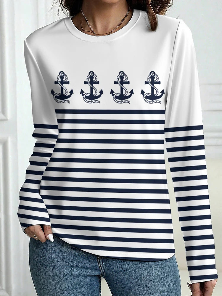 Women's T-Shirt Outdoor Casual Long Sleeve Pattern Print Street Crew Neck Fall Female Oversized Clothing Fashion T Shirts