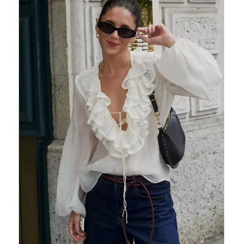 MUJER 2025 Ruffle Blouses for Women Semi Sheer Casual Blouse Woman Pleated Summer Shirts and Blouses Women Long Sleeve Women Top