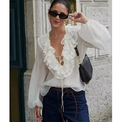 MUJER 2025 Ruffle Blouses for Women Semi Sheer Casual Blouse Woman Pleated Summer Shirts and Blouses Women Long Sleeve Women Top