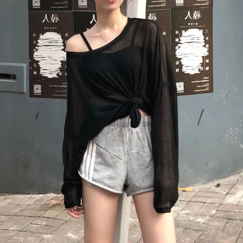 Sexy Sheer Baggy T-shirt for Women 2024 Summer Casual Fashion Loose Pullovers Chic Lazy Solid Color Off Shoulder Top Streetwear