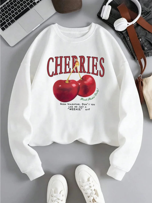 Fashion Women's Sweatshirts Bright Red Cherry Print Pullover Crew Neck Soft Breathable Hoodie Autumn Women Streetwear Graphic