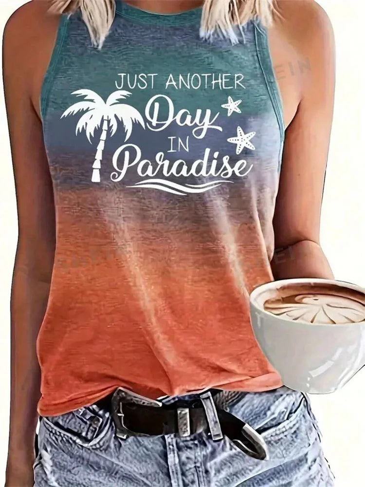 Gradual Color Print Women's Casual Tank Top Street Fashion Women's Crew Neck Tank Top Summer Outdoor Beach Sleeveless T-shirt