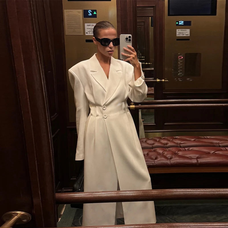 Street Fur Long Women's Jacket Long Sleeve Shoulder Pad Lapel Femal Coat 2025 Autumn Fashion Solid Double Buckle Lady Outwears