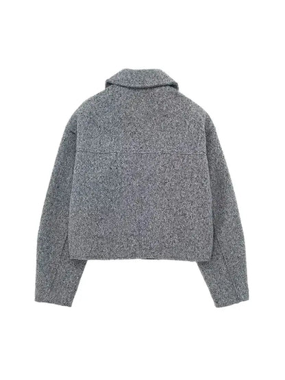 TRZA Women Fashion Patch Pockets With Flaps Cropped Jacket Coat Vintage Long Sleeve Front Zipper Female Outerwear Chic Tops