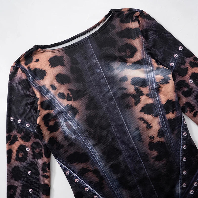 CUTENOVA 2024 Autumn And Winter New Women'S Fashion Leopard Print Slim Flared Long-Sleeved Package Hip Short Skirt Dresses Y2K