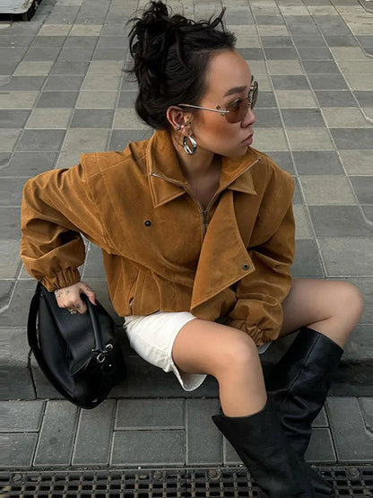 Locomotive Lapel Suede Jacket Women Lantern Long Sleeve Loose Fitting Patchwork Pilot Coats New Early Autumn Cool Girl Outerwear