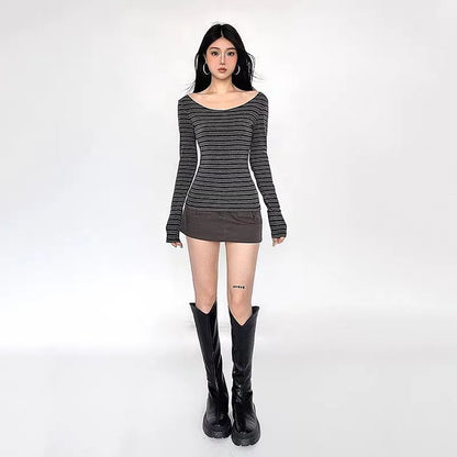 Y2K Grunge Emo 00s Vintage T-Shirt Black Grey Striped Off Shoulder Long Sleeve Jumper Top Chic Women Autumn Retro Goth Tee Shirt