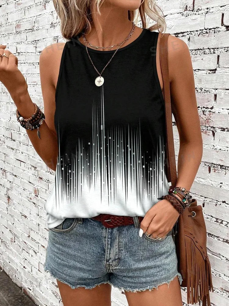 Gradual Color Print Women's Casual Tank Top Street Fashion Women's Crew Neck Tank Top Summer Outdoor Beach Sleeveless T-shirt