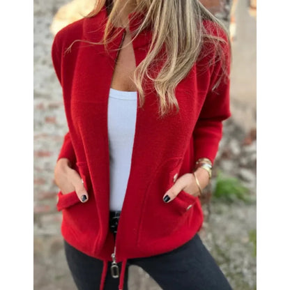 New Casual Zipper Cardigan Wool Jacket For Women's 2025 New Fashion Stand Collar Tether Pocket Loose Versatile Female Wool Coat