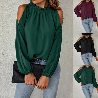 Fashion lotus leaf pleat semi high neck off shoulder hollowed out long sleeved top spring autumn women's elegant temperament top