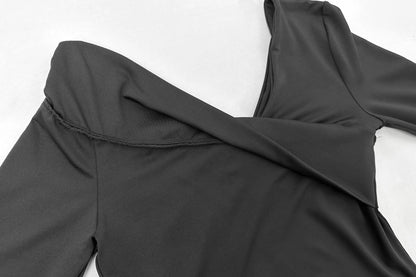 Fairyshely 2025 Spring Casual Black T-shirt Women Off Shoulder Long Sleeve Bodycon Crop Top Autumn Lady Clud Party Short Tops