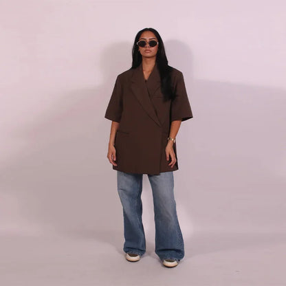 Fashion Lapel Suit Jacket Women Casual Loose Short Sleeve Office Lady Coat 2025 New Chic Autumn Single Button Oversize Jacket