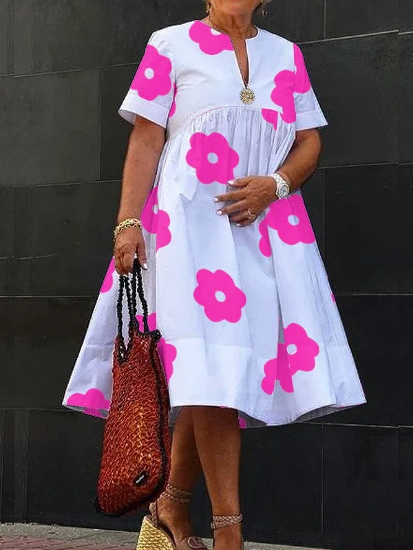 UOOZEE 2025 Summer Elegant Floral Printed Pleated A-line Dress For Women V-Neck Short Sleeves Loose British Style Midi Dresses