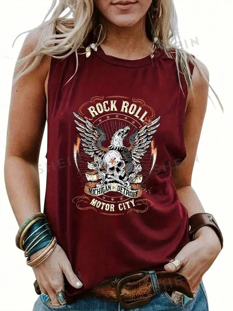 Skull Print Women's Tank Top Summer Street Fashion Women's Crew Neck Tank Top Outdoor Everyday Casual Women's Sleeveless T-shirt