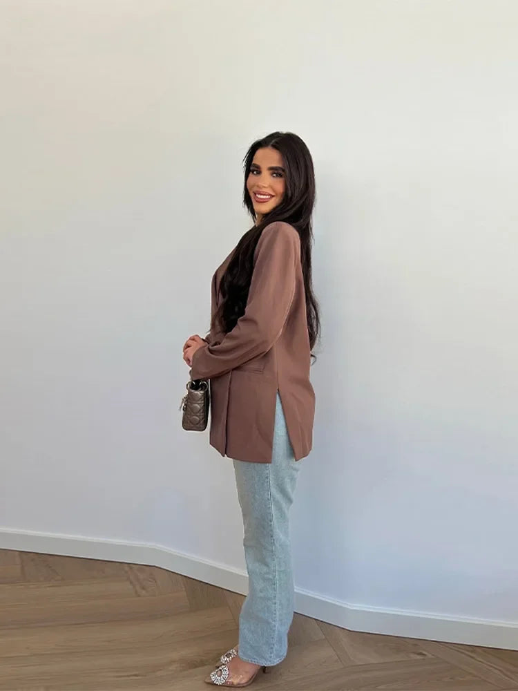 Fashion Lapel Suit Jacket Women Casual Loose Short Sleeve Office Lady Coat 2025 New Chic Autumn Single Button Oversize Jacket