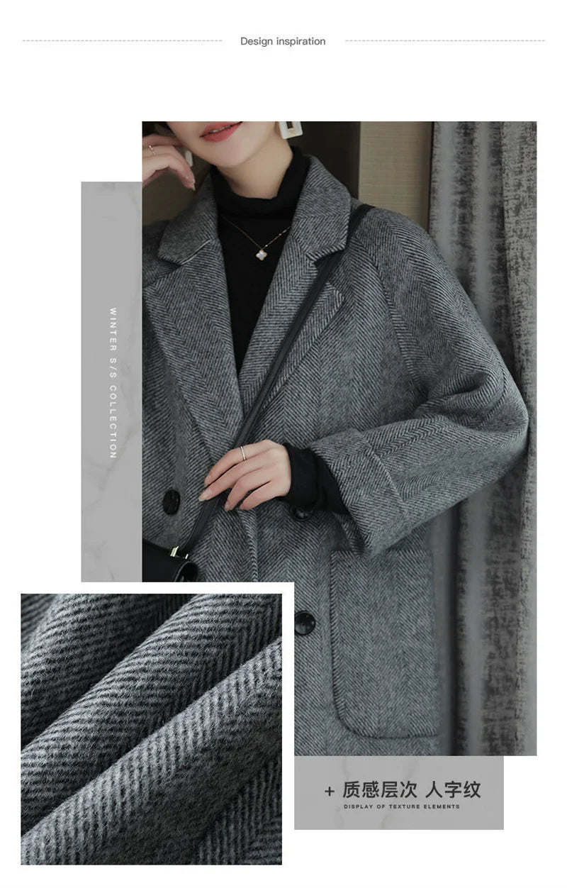 New Elegant Women Mid-length Woolen Coats Office Lady Autumn Winter Korean Loose Warm Thick Wool Blend Jackets Female Outerwear
