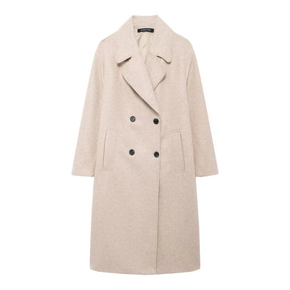 TRAFZA Winter Coat For Women 2024 Solid Lapel Double Breasted Long Cardigan Top Female Pokcet Streetwear Woman New In OuterCoat