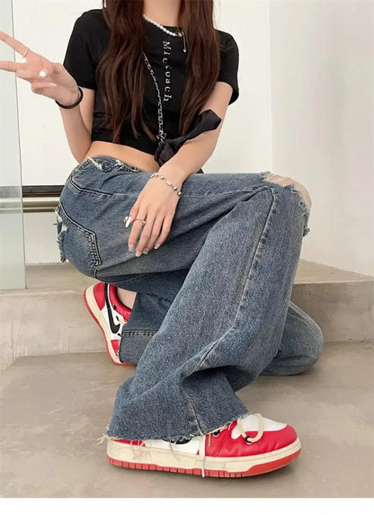 Vintage High-Waisted Wide-Leg Jeans Women's Spring New Loose-Fit Slimming Plus Size Pear-Shaped Body Straight-Leg Pants