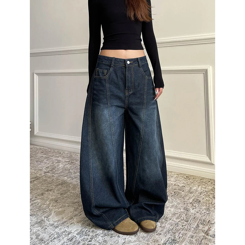 Blue Women's Retro Y2K 2000s Wide Leg Baggy Casual Denim Trouser High Waist Loose Jeans 2024 Autumn Harajuku Full Length Pants