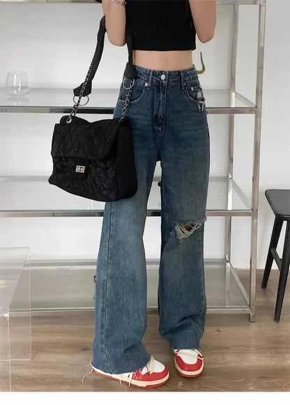 Vintage High-Waisted Wide-Leg Jeans Women's Spring New Loose-Fit Slimming Plus Size Pear-Shaped Body Straight-Leg Pants