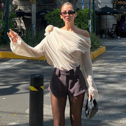 Candyhot Irregular Sexy Off Shoulder Oblique-neck Flower Applique T Shirt French Fashion Long Sleeve Crop Tops Chic Mesh Camis