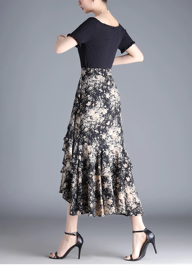 ZUZK Fashion Irregular Fishtail Chiffon Skirts Elegant High Waist Summer Luxury Party Skirt Female Ruffles Long Skirts