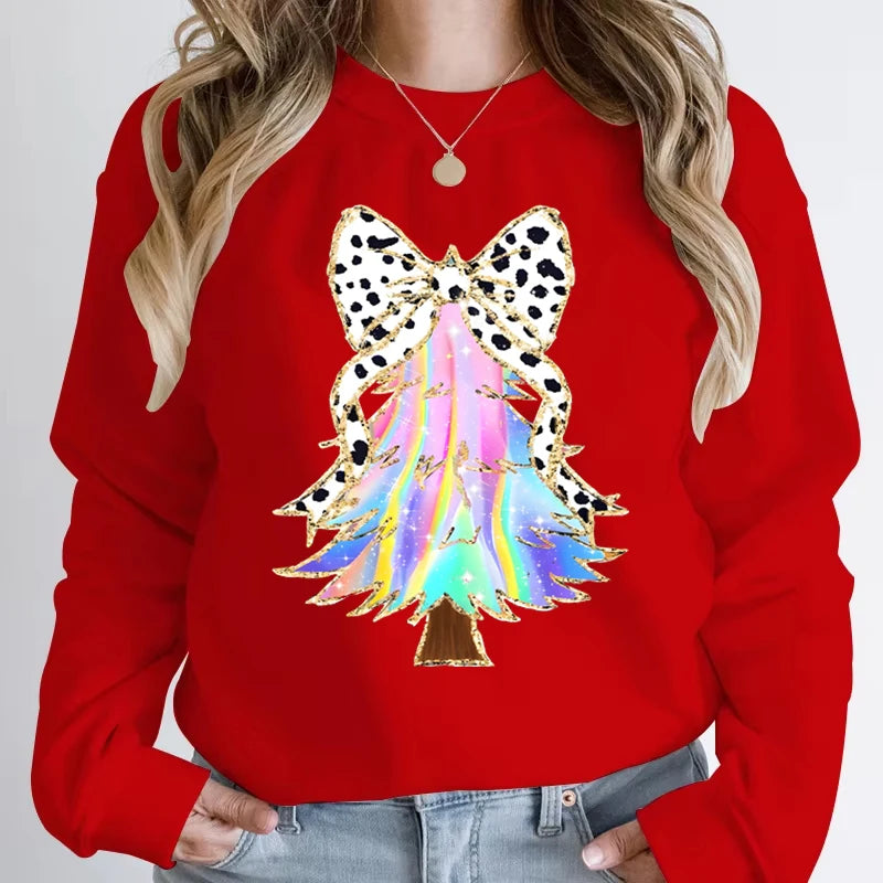 Casual Vintage Christmas Tree Graphic Women Sweatshirts Long Sleeve Crew Neck Y2K Sudaderas Funny Holiday Xmas Hoodless Pullover
