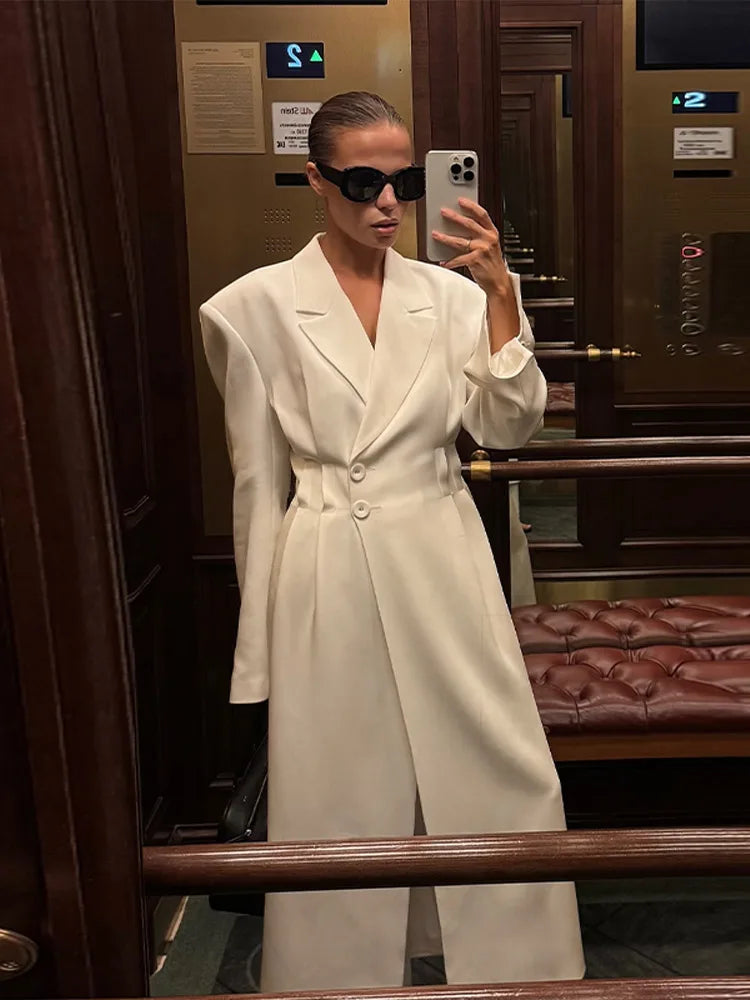 Street Fur Long Women's Jacket Long Sleeve Shoulder Pad Lapel Femal Coat 2025 Autumn Fashion Solid Double Buckle Lady Outwears
