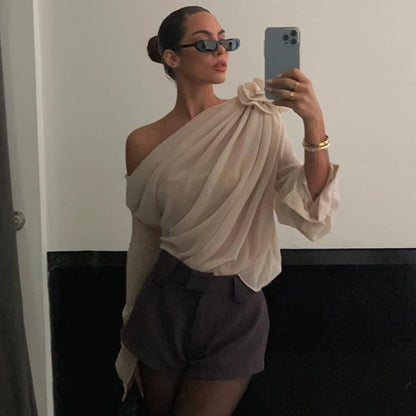 Candyhot Irregular Sexy Off Shoulder Oblique-neck Flower Applique T Shirt French Fashion Long Sleeve Crop Tops Chic Mesh Camis