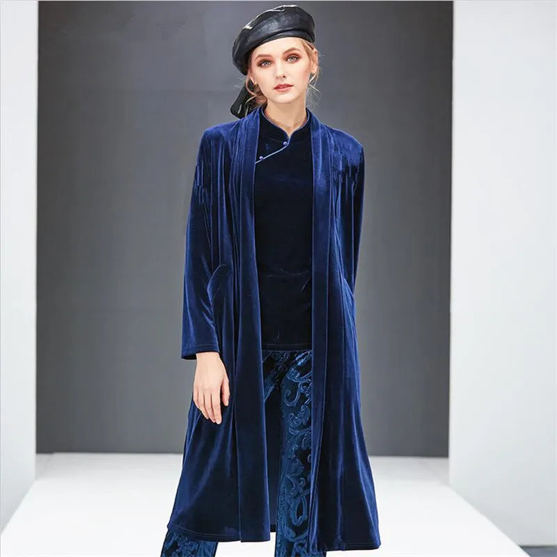 Spring Autumn Women Elegant Velvet Trench Coat Office Lady Fashion Open Stitch Coat Solid Velour Overcoat long jacket women 2025