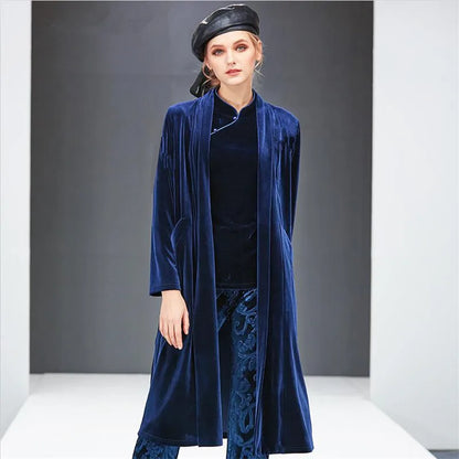 Spring Autumn Women Elegant Velvet Trench Coat Office Lady Fashion Open Stitch Coat Solid Velour Overcoat long jacket women 2025