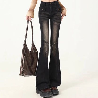 Woman High Waist Elastic Spliced Wide Leg Jeans Female Vintage Slim Fit Flare Pants Lady Blue Black Grey Denim Trousers Big Size