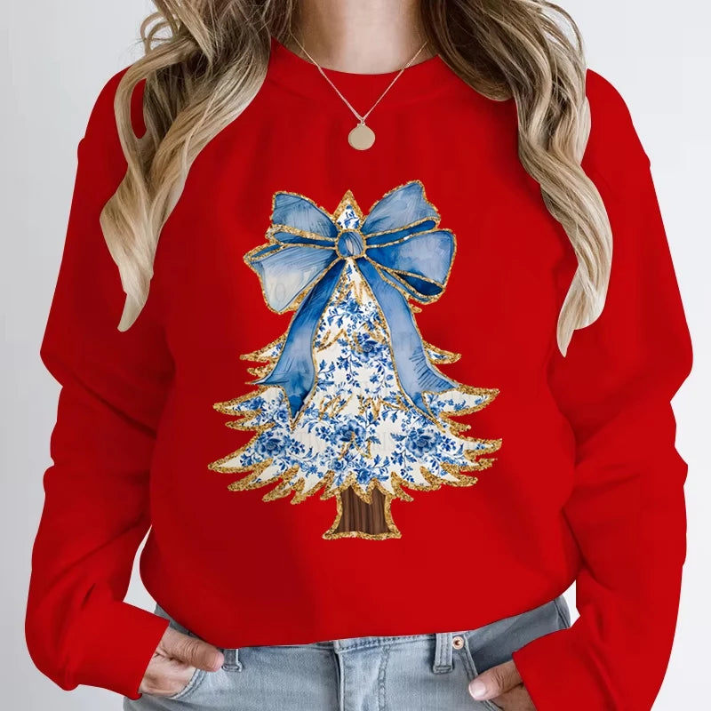 Casual Vintage Christmas Tree Graphic Women Sweatshirts Long Sleeve Crew Neck Y2K Sudaderas Funny Holiday Xmas Hoodless Pullover