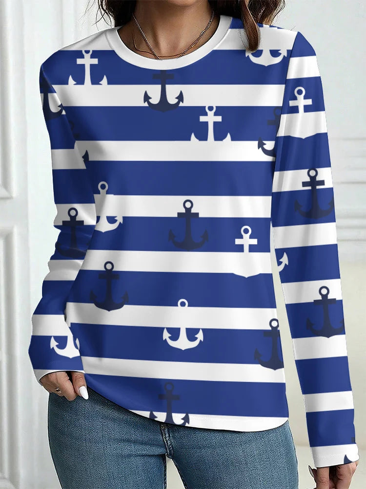 Women's T-Shirt Outdoor Casual Long Sleeve Pattern Print Street Crew Neck Fall Female Oversized Clothing Fashion T Shirts