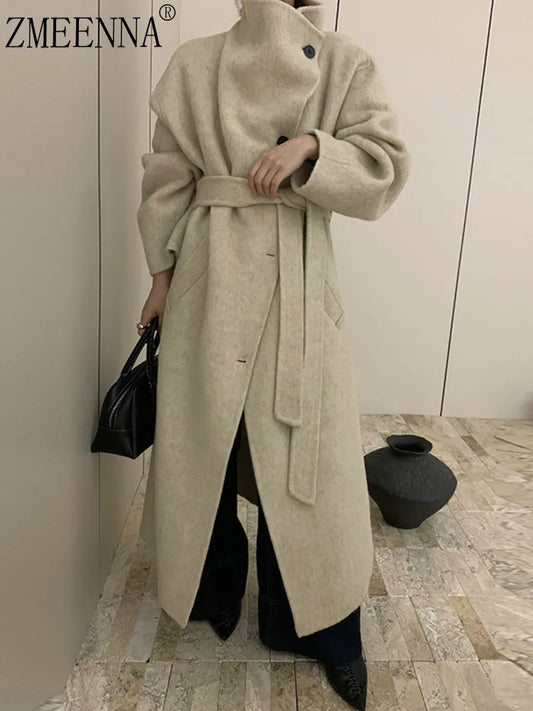 ZMEENNA Women's Wool Blend Maxi Wrap Coat High Funnel Collar And Tie Belt Elegant Winter Outerwear With Button Closure ZM3661