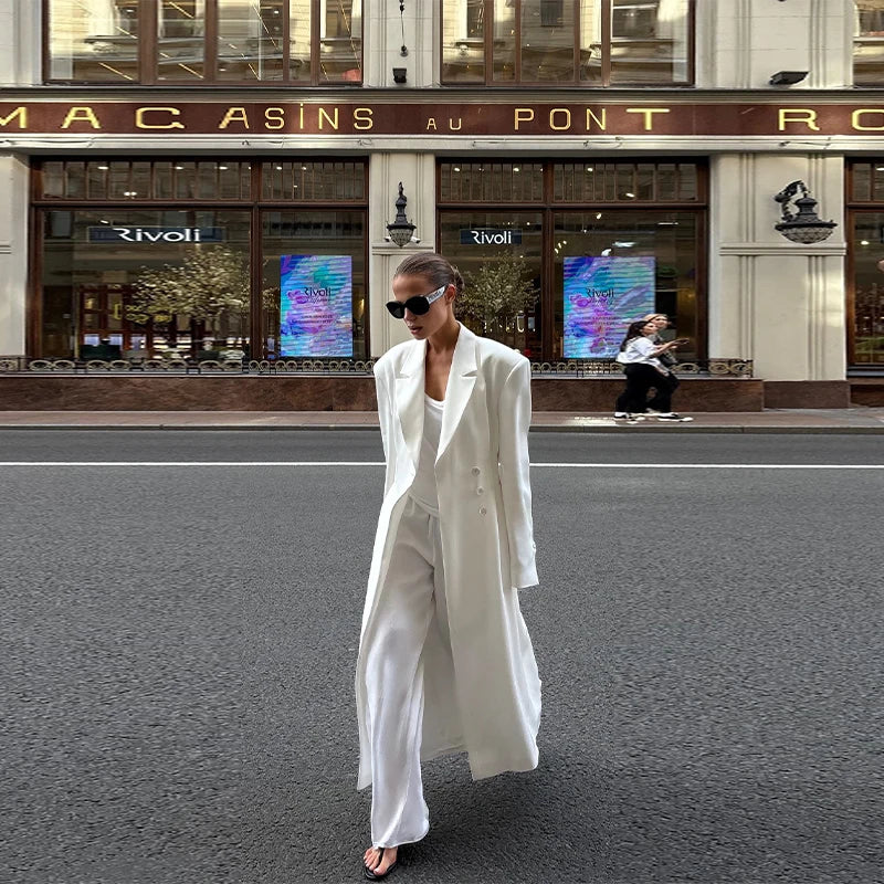 Street Fur Long Women's Jacket Long Sleeve Shoulder Pad Lapel Femal Coat 2025 Autumn Fashion Solid Double Buckle Lady Outwears