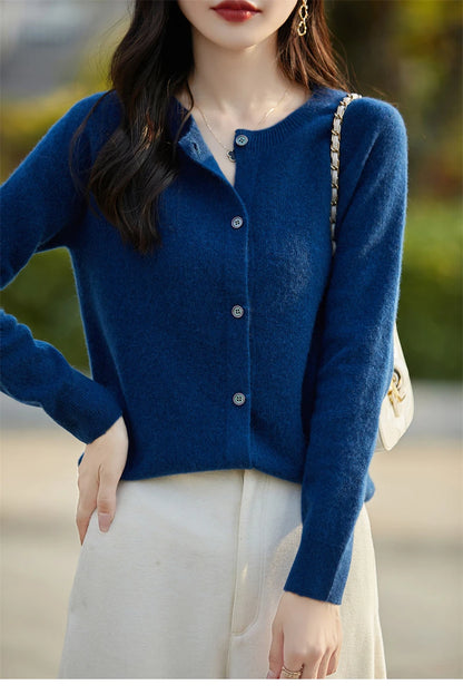 2024 Basics Autumn Winter Women Sweater Sales Merino Wool Knitwear New Fashion Solid Cardigan Classic Long Sleeve Clothing Tops
