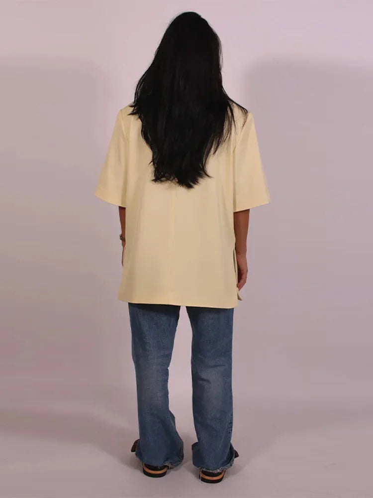 Fashion Lapel Suit Jacket Women Casual Loose Short Sleeve Office Lady Coat 2025 New Chic Autumn Single Button Oversize Jacket