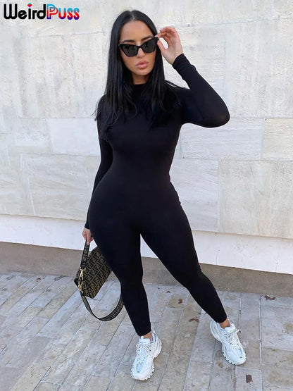Weird Puss Fitness Skinny Jumpsuit Women O-Neck Full Sleeve Elastic Hight Zipper Sportswear Casual Rompers Streetwear Outfits