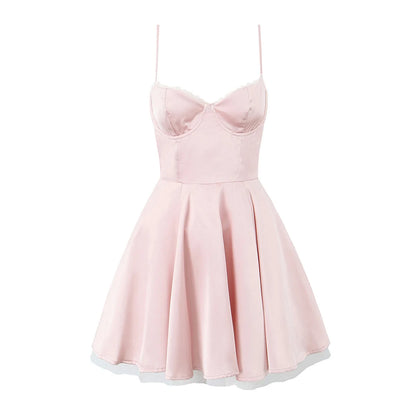 European and American style French niche slim fit suspender dress women's summer satin three-layer three-dimensional steel ring